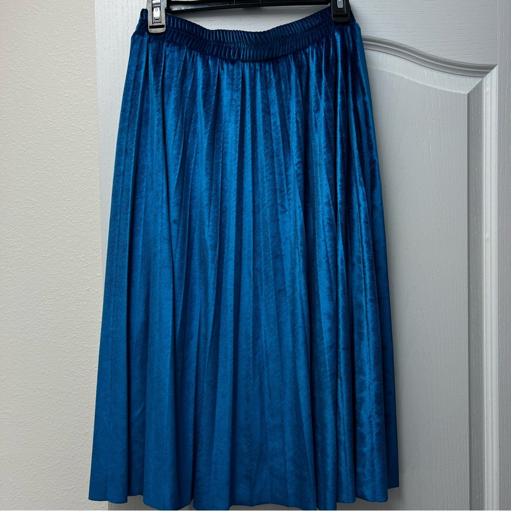 Tonchengsd Blue Velvet Pleated Lined Midi Skirt Sz Med